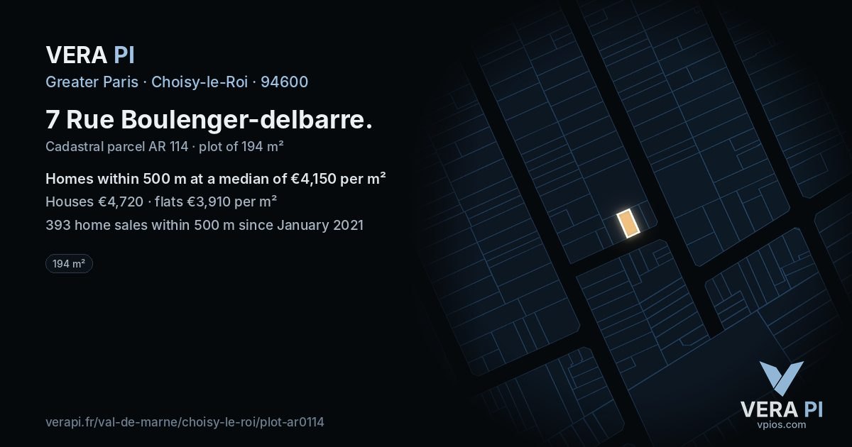 7 Rue Boulenger-delbarre, Choisy-le-Roi at night – the plot lit, the parcels around coloured by the prices near them