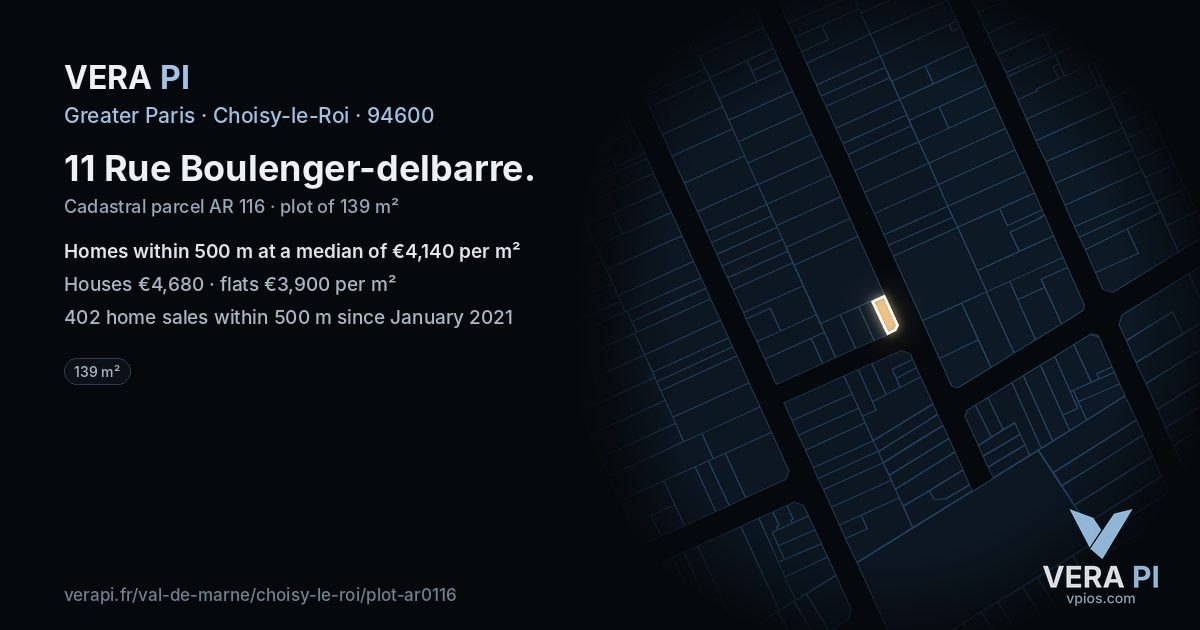 11 Rue Boulenger-delbarre, Choisy-le-Roi at night – the plot lit, the parcels around coloured by the prices near them
