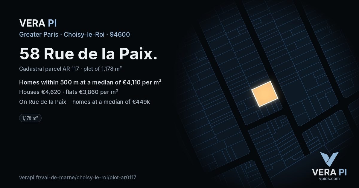 58 Rue de la Paix, Choisy-le-Roi at night – the plot lit, the parcels around coloured by the prices near them