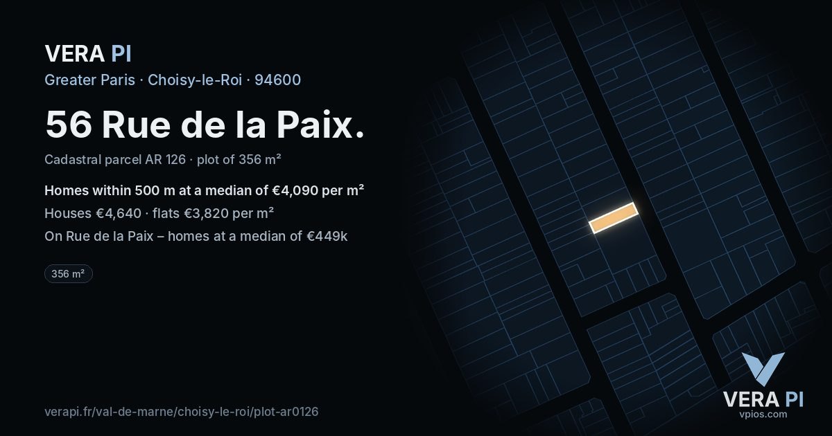 56 Rue de la Paix, Choisy-le-Roi at night – the plot lit, the parcels around coloured by the prices near them