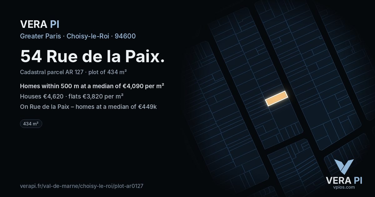 54 Rue de la Paix, Choisy-le-Roi at night – the plot lit, the parcels around coloured by the prices near them