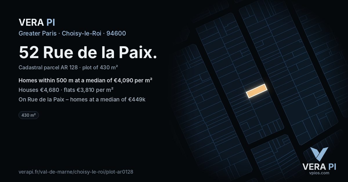 52 Rue de la Paix, Choisy-le-Roi at night – the plot lit, the parcels around coloured by the prices near them