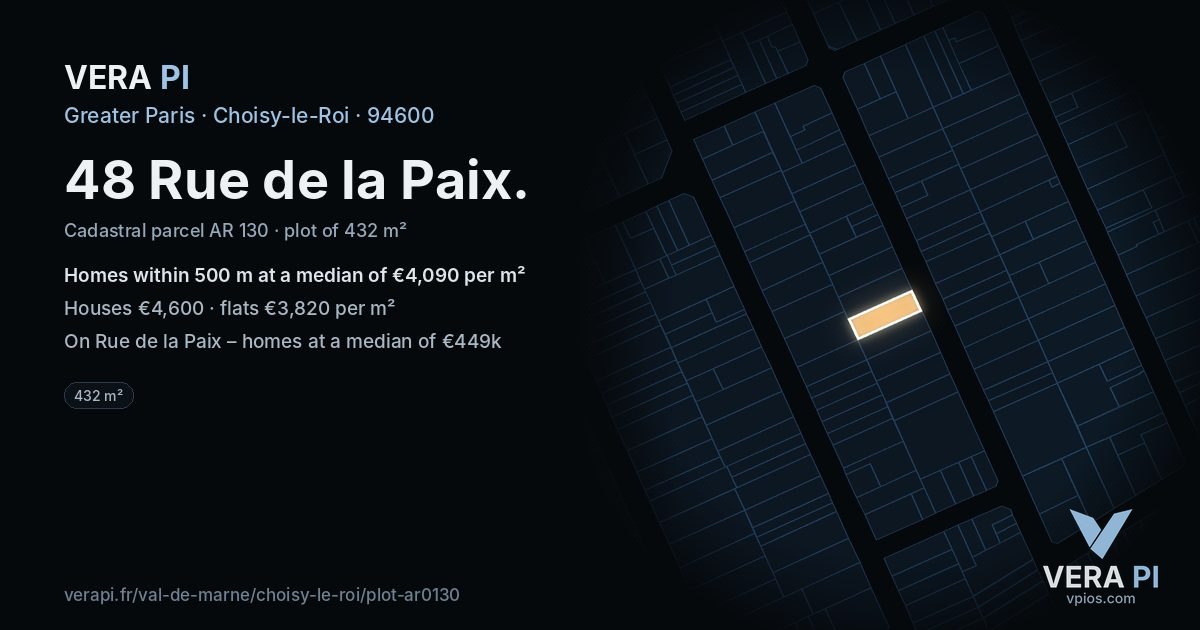 48 Rue de la Paix, Choisy-le-Roi at night – the plot lit, the parcels around coloured by the prices near them