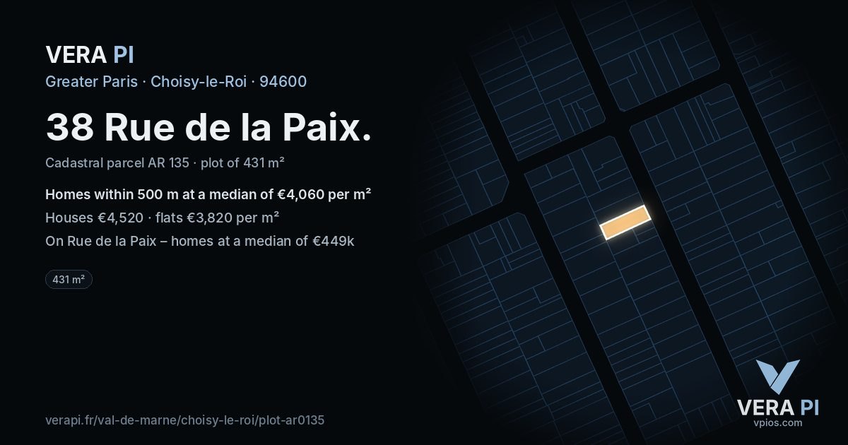 38 Rue de la Paix, Choisy-le-Roi at night – the plot lit, the parcels around coloured by the prices near them