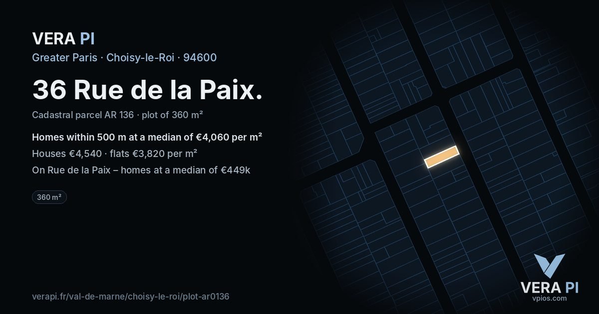 36 Rue de la Paix, Choisy-le-Roi at night – the plot lit, the parcels around coloured by the prices near them
