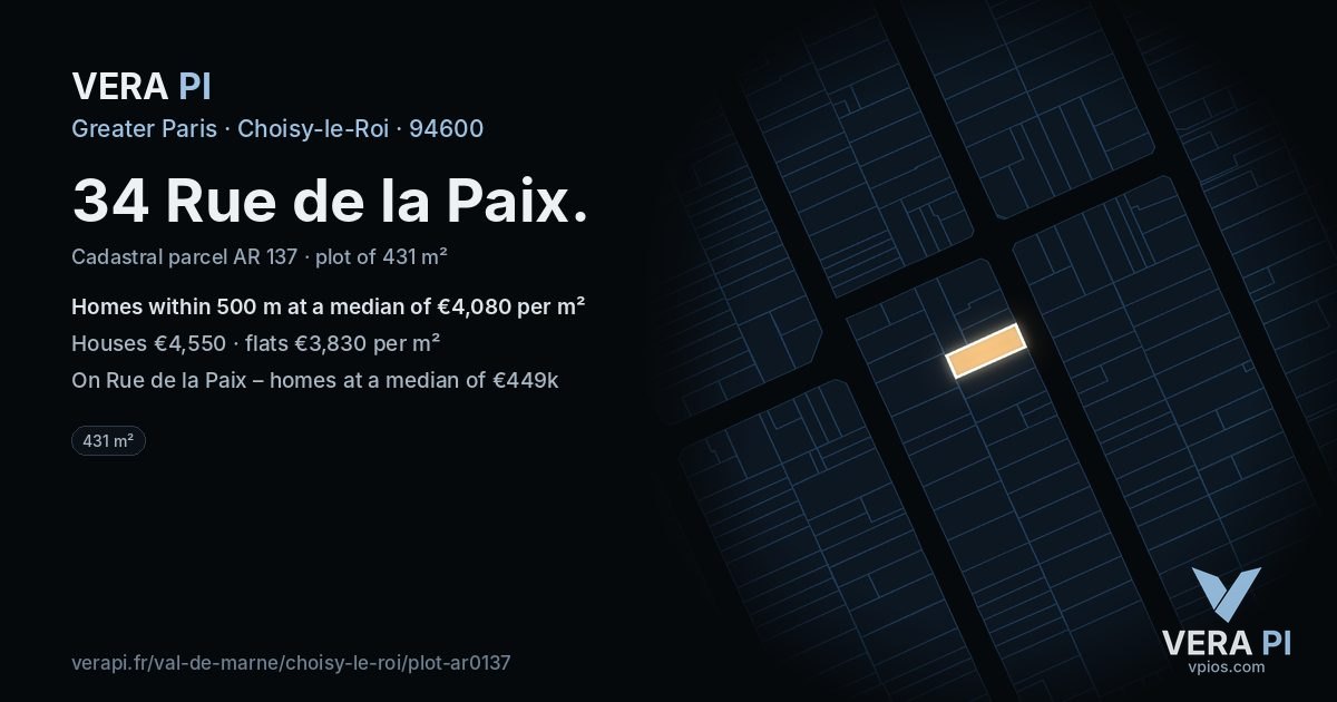 34 Rue de la Paix, Choisy-le-Roi at night – the plot lit, the parcels around coloured by the prices near them