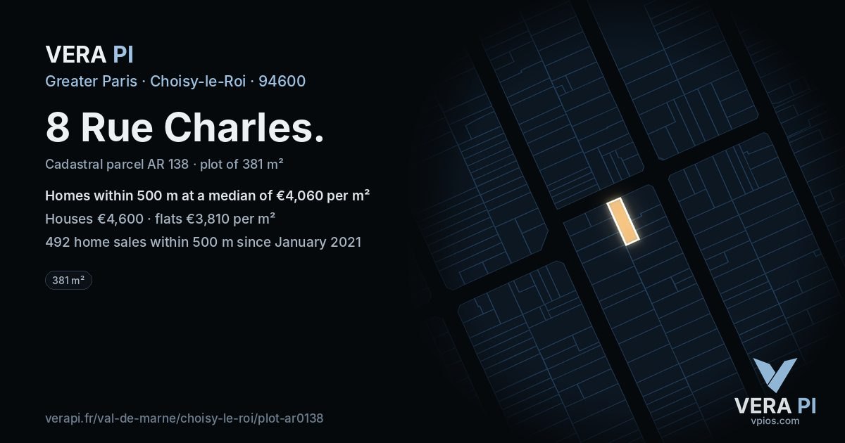8 Rue Charles, Choisy-le-Roi at night – the plot lit, the parcels around coloured by the prices near them