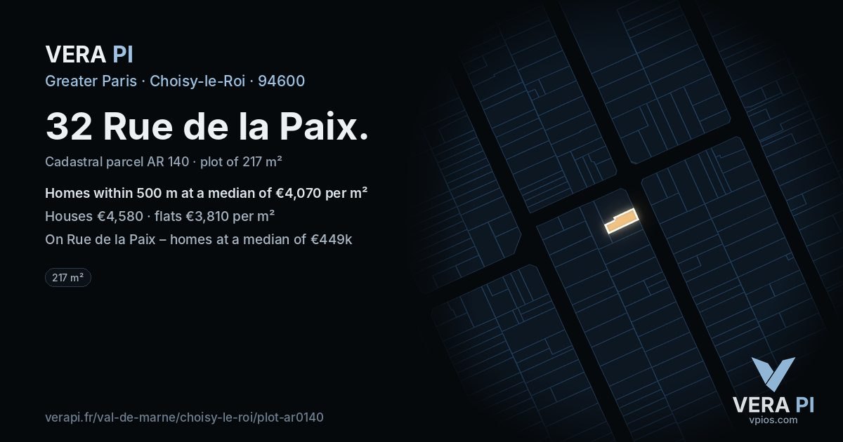 32 Rue de la Paix, Choisy-le-Roi at night – the plot lit, the parcels around coloured by the prices near them