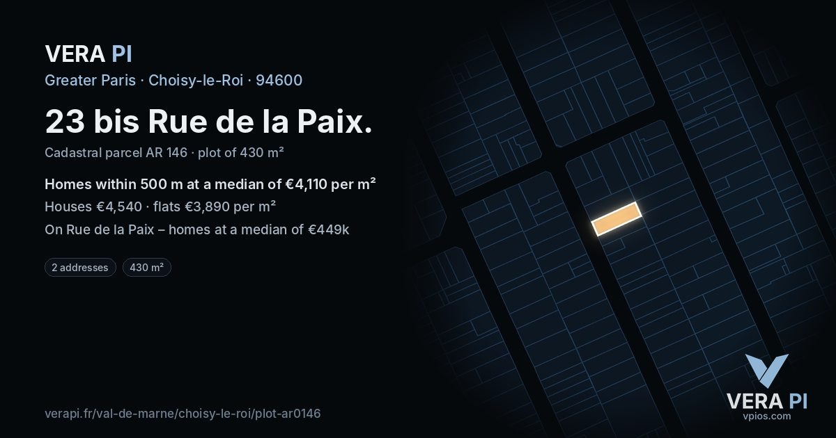 23 bis Rue de la Paix, Choisy-le-Roi at night – the plot lit, the parcels around coloured by the prices near them