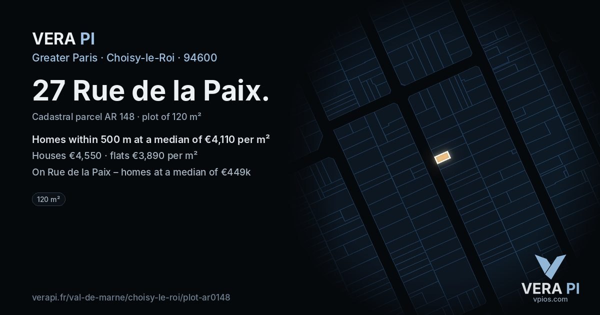 27 Rue de la Paix, Choisy-le-Roi at night – the plot lit, the parcels around coloured by the prices near them