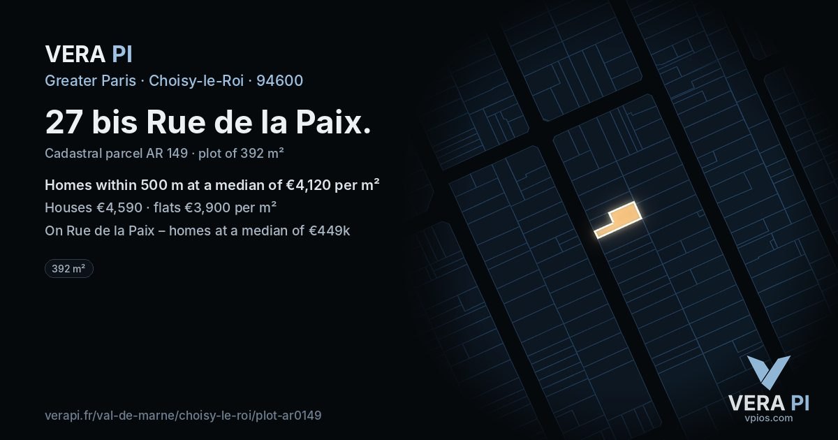 27 bis Rue de la Paix, Choisy-le-Roi at night – the plot lit, the parcels around coloured by the prices near them
