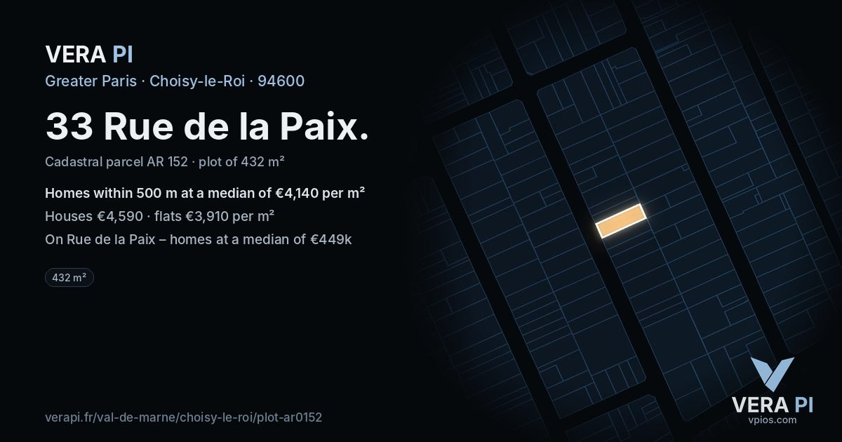 33 Rue de la Paix, Choisy-le-Roi at night – the plot lit, the parcels around coloured by the prices near them