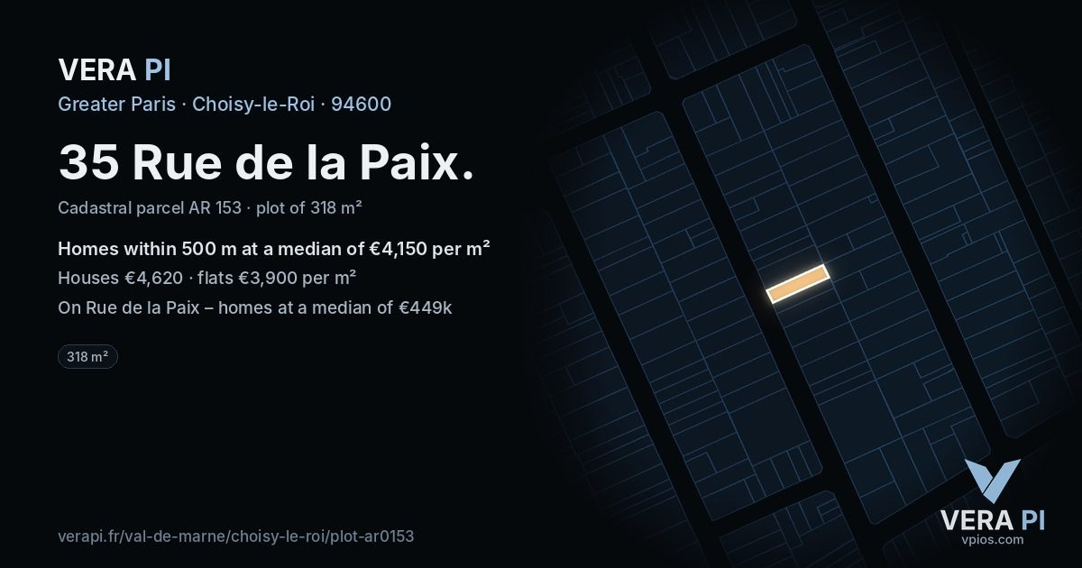 35 Rue de la Paix, Choisy-le-Roi at night – the plot lit, the parcels around coloured by the prices near them