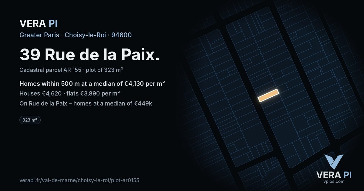 39 Rue de la Paix, Choisy-le-Roi at night – the plot lit, the parcels around coloured by the prices near them