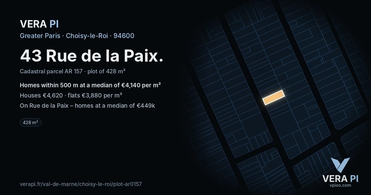 43 Rue de la Paix, Choisy-le-Roi at night – the plot lit, the parcels around coloured by the prices near them