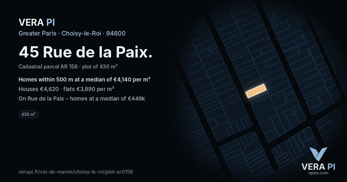 45 Rue de la Paix, Choisy-le-Roi at night – the plot lit, the parcels around coloured by the prices near them