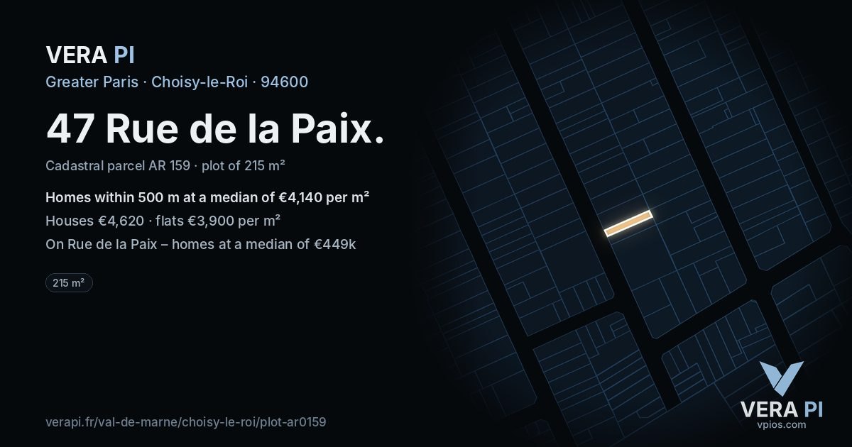 47 Rue de la Paix, Choisy-le-Roi at night – the plot lit, the parcels around coloured by the prices near them