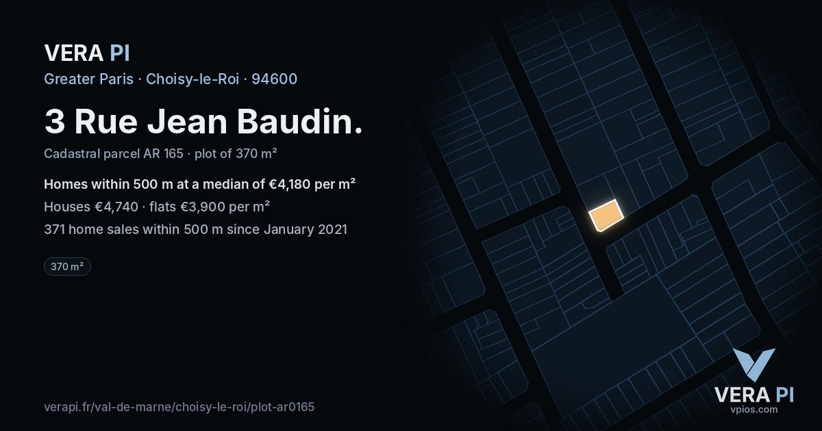 3 Rue Jean Baudin, Choisy-le-Roi at night – the plot lit, the parcels around coloured by the prices near them