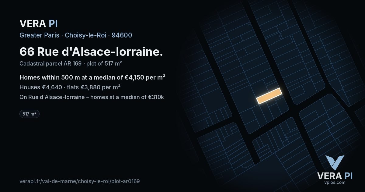 66 Rue d'Alsace-lorraine, Choisy-le-Roi at night – the plot lit, the parcels around coloured by the prices near them