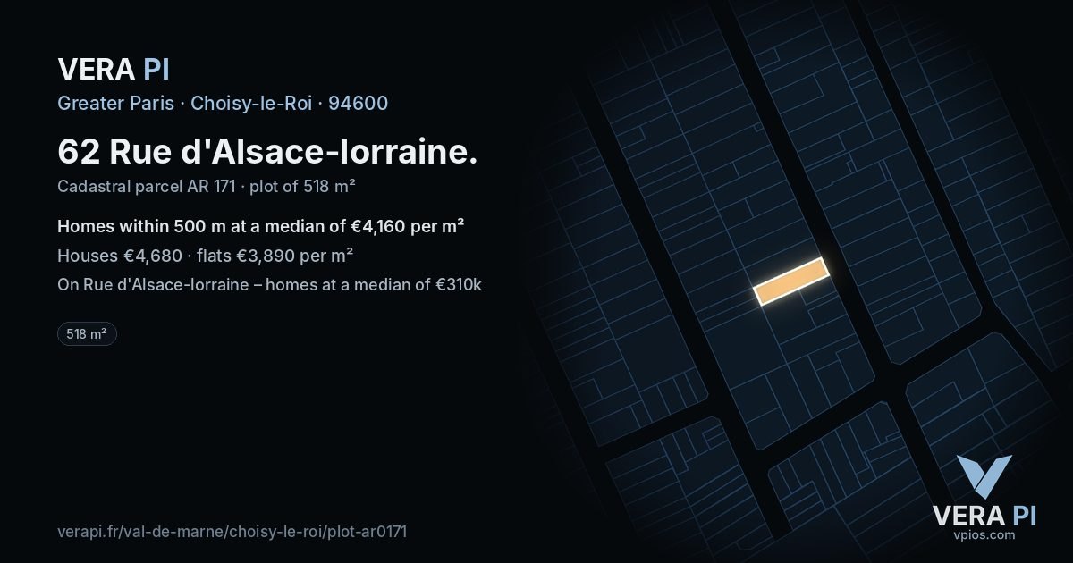 62 Rue d'Alsace-lorraine, Choisy-le-Roi at night – the plot lit, the parcels around coloured by the prices near them