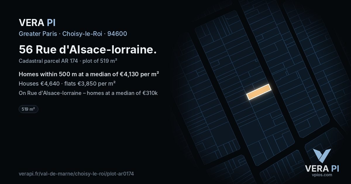 56 Rue d'Alsace-lorraine, Choisy-le-Roi at night – the plot lit, the parcels around coloured by the prices near them