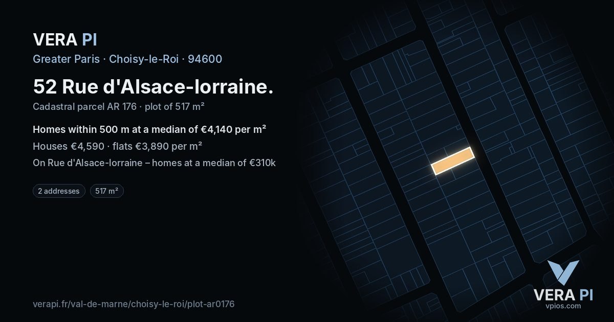 52 Rue d'Alsace-lorraine, Choisy-le-Roi at night – the plot lit, the parcels around coloured by the prices near them