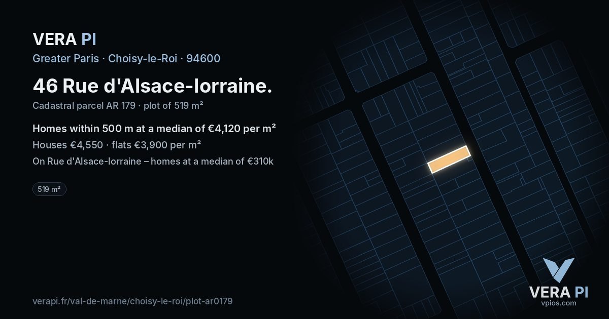 46 Rue d'Alsace-lorraine, Choisy-le-Roi at night – the plot lit, the parcels around coloured by the prices near them
