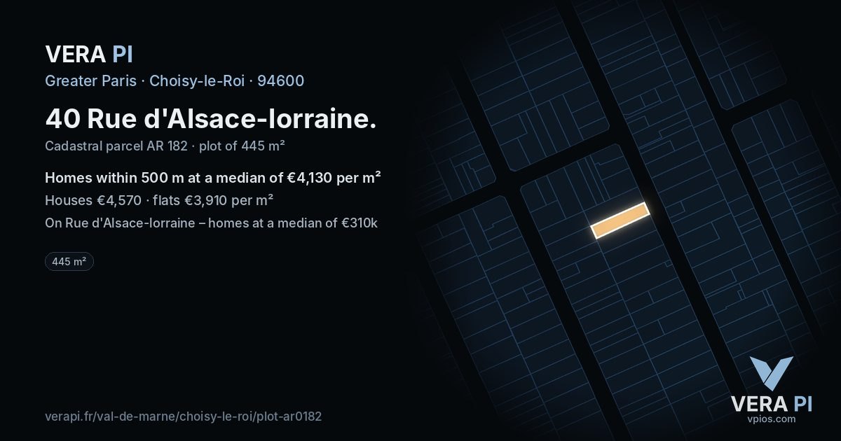 40 Rue d'Alsace-lorraine, Choisy-le-Roi at night – the plot lit, the parcels around coloured by the prices near them