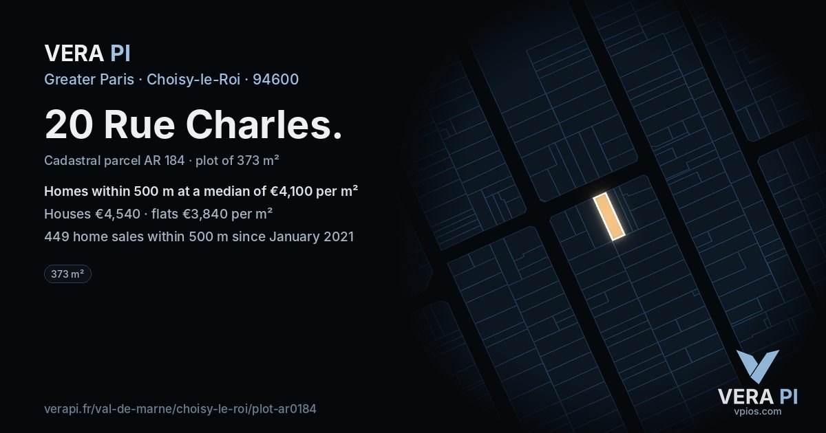 20 Rue Charles, Choisy-le-Roi at night – the plot lit, the parcels around coloured by the prices near them