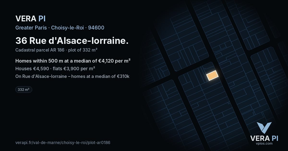 36 Rue d'Alsace-lorraine, Choisy-le-Roi at night – the plot lit, the parcels around coloured by the prices near them