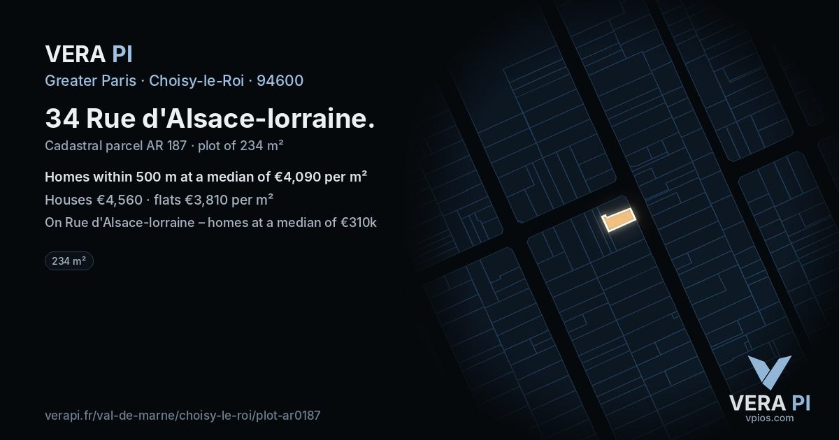 34 Rue d'Alsace-lorraine, Choisy-le-Roi at night – the plot lit, the parcels around coloured by the prices near them