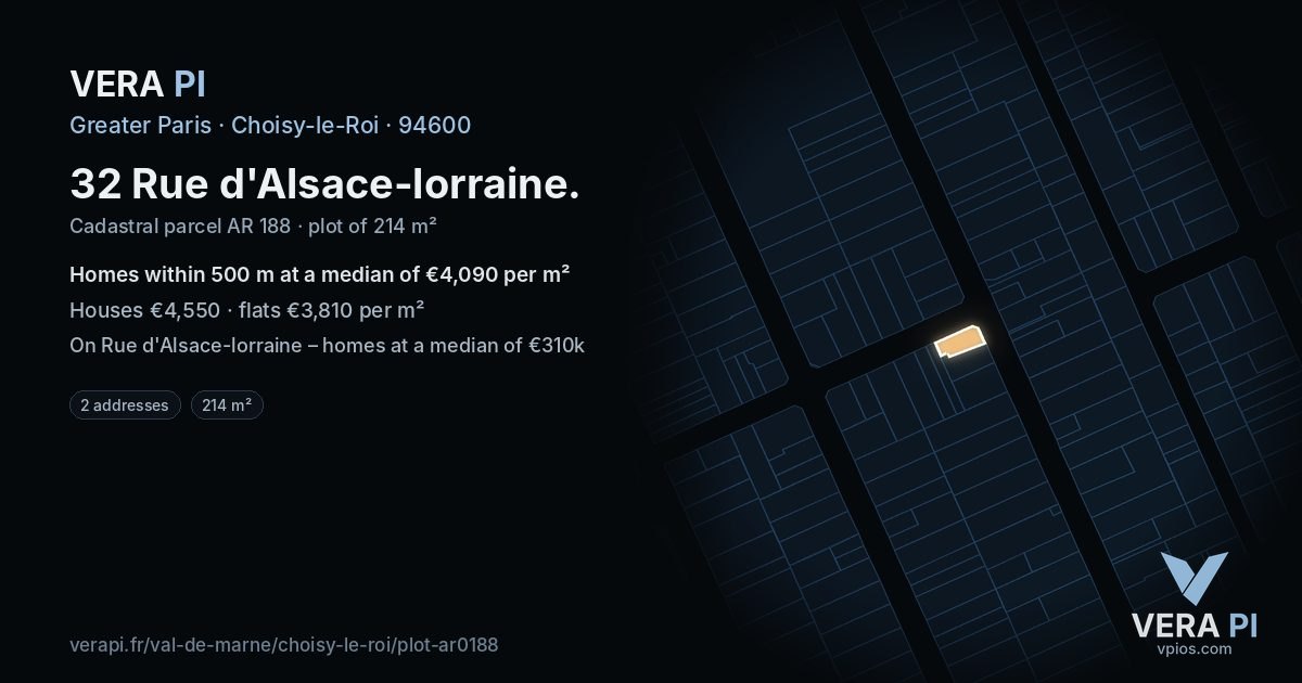 32 Rue d'Alsace-lorraine, Choisy-le-Roi at night – the plot lit, the parcels around coloured by the prices near them