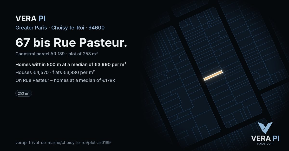 67 bis Rue Pasteur, Choisy-le-Roi at night – the plot lit, the parcels around coloured by the prices near them