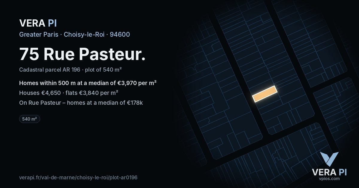 75 Rue Pasteur, Choisy-le-Roi at night – the plot lit, the parcels around coloured by the prices near them