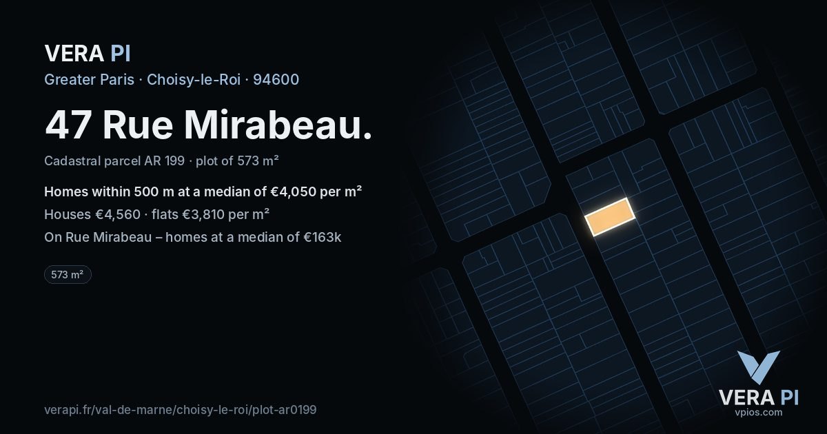 47 Rue Mirabeau, Choisy-le-Roi at night – the plot lit, the parcels around coloured by the prices near them