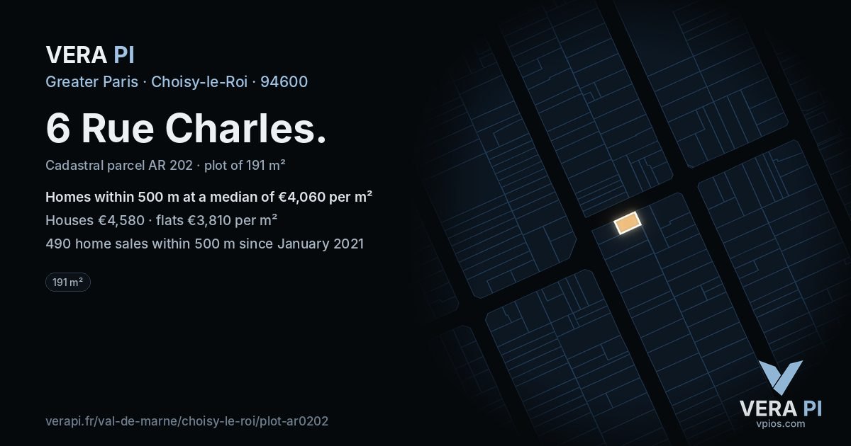 6 Rue Charles, Choisy-le-Roi at night – the plot lit, the parcels around coloured by the prices near them