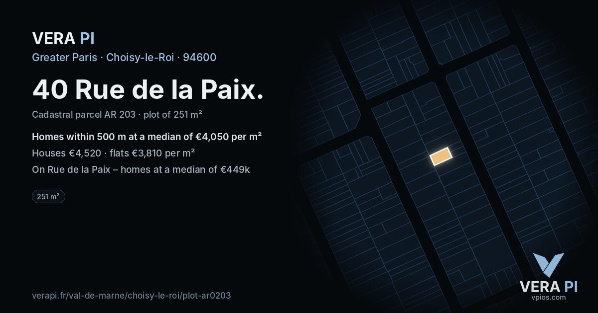 40 Rue de la Paix, Choisy-le-Roi at night – the plot lit, the parcels around coloured by the prices near them