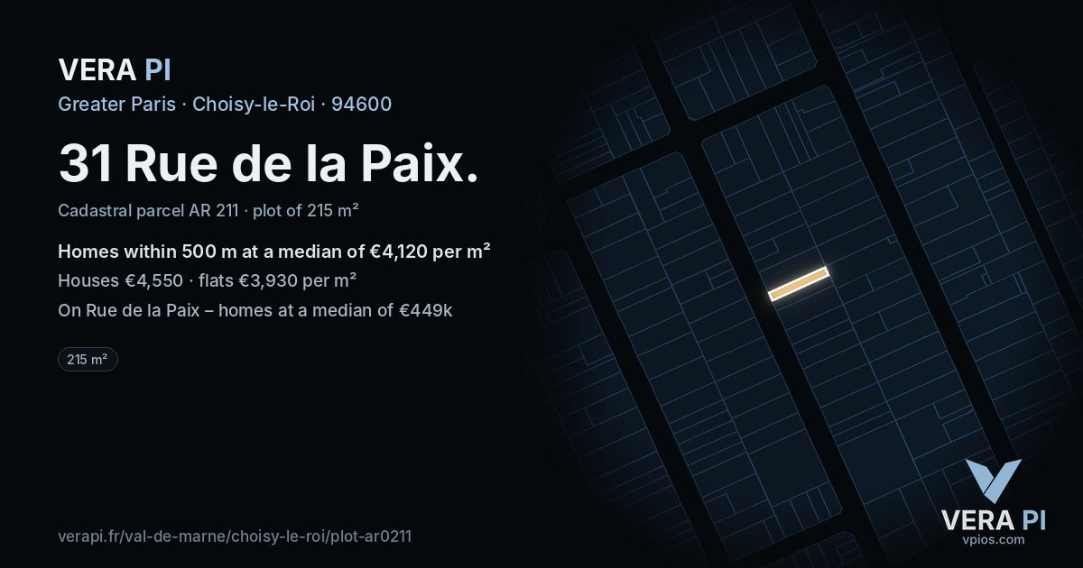 31 Rue de la Paix, Choisy-le-Roi at night – the plot lit, the parcels around coloured by the prices near them