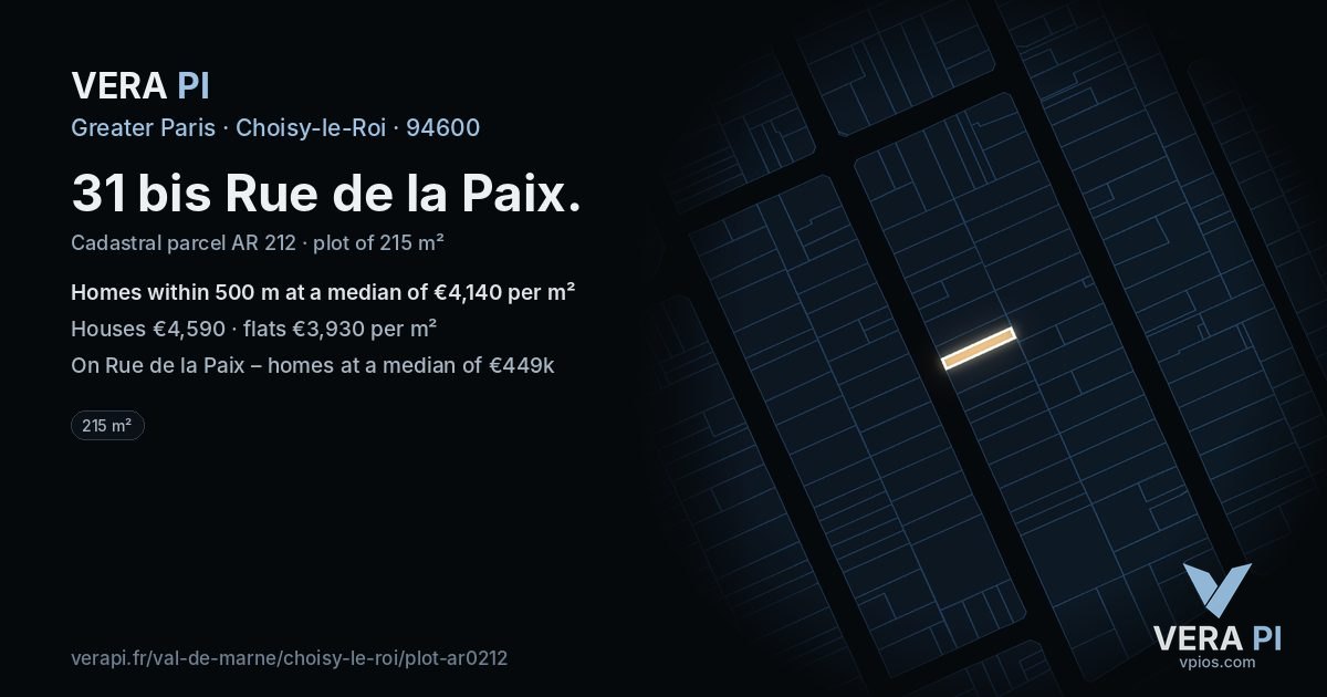 31 bis Rue de la Paix, Choisy-le-Roi at night – the plot lit, the parcels around coloured by the prices near them