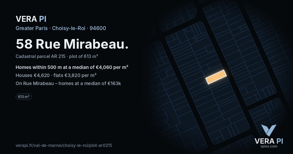 58 Rue Mirabeau, Choisy-le-Roi at night – the plot lit, the parcels around coloured by the prices near them