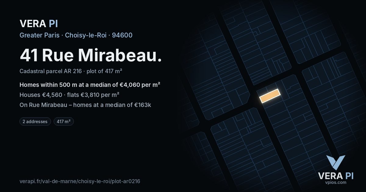 41 Rue Mirabeau, Choisy-le-Roi at night – the plot lit, the parcels around coloured by the prices near them