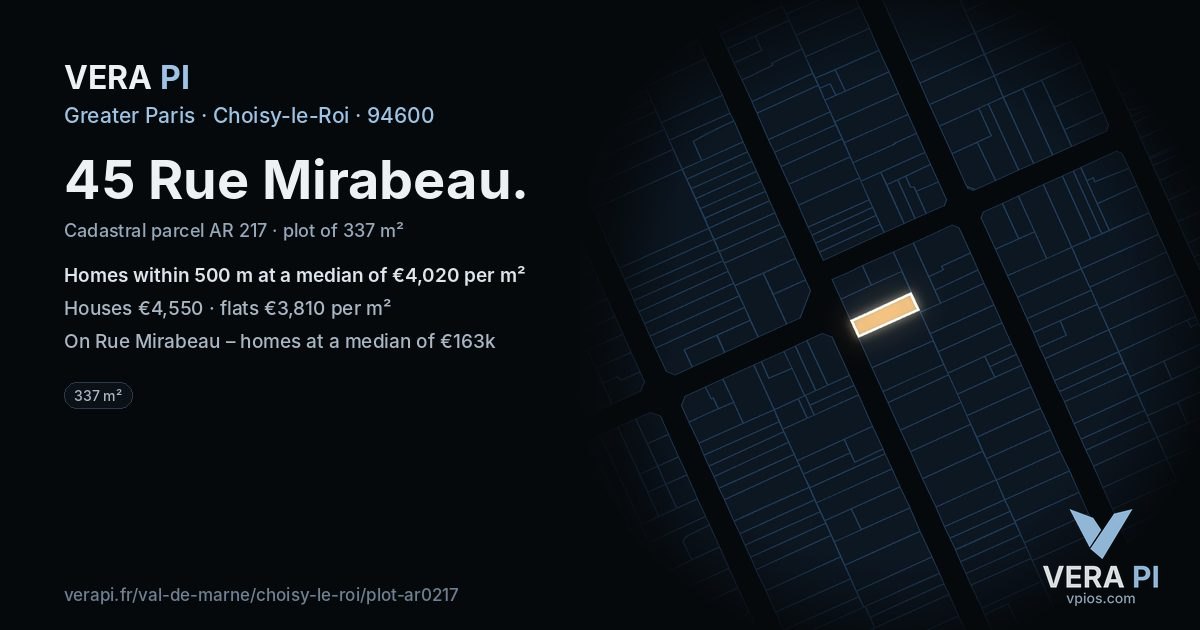 45 Rue Mirabeau, Choisy-le-Roi at night – the plot lit, the parcels around coloured by the prices near them