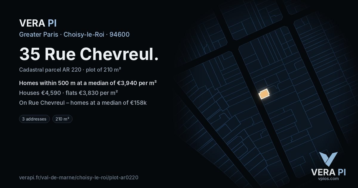 35 Rue Chevreul, Choisy-le-Roi at night – the plot lit, the parcels around coloured by the prices near them