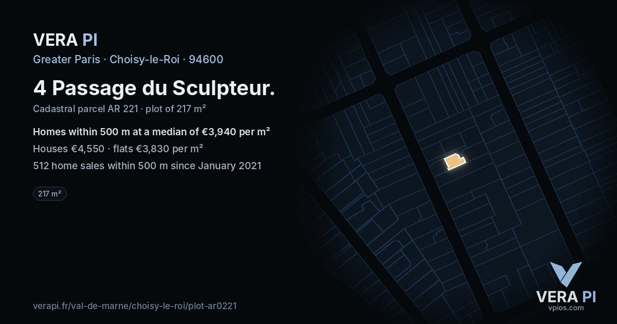 4 Passage du Sculpteur, Choisy-le-Roi at night – the plot lit, the parcels around coloured by the prices near them