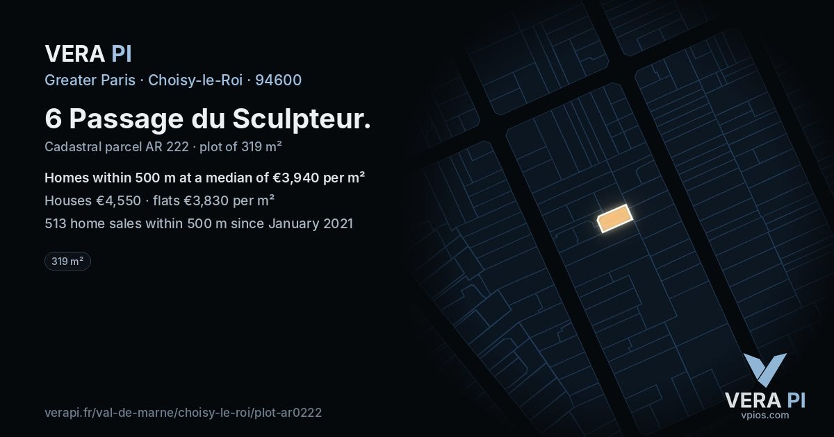 6 Passage du Sculpteur, Choisy-le-Roi at night – the plot lit, the parcels around coloured by the prices near them