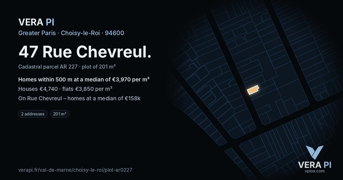 47 Rue Chevreul, Choisy-le-Roi at night – the plot lit, the parcels around coloured by the prices near them