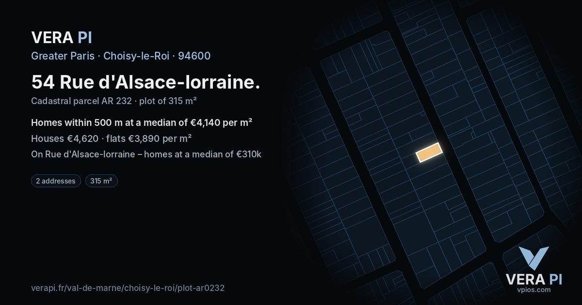 54 Rue d'Alsace-lorraine, Choisy-le-Roi at night – the plot lit, the parcels around coloured by the prices near them