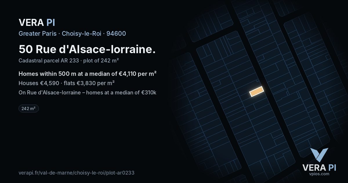 50 Rue d'Alsace-lorraine, Choisy-le-Roi at night – the plot lit, the parcels around coloured by the prices near them