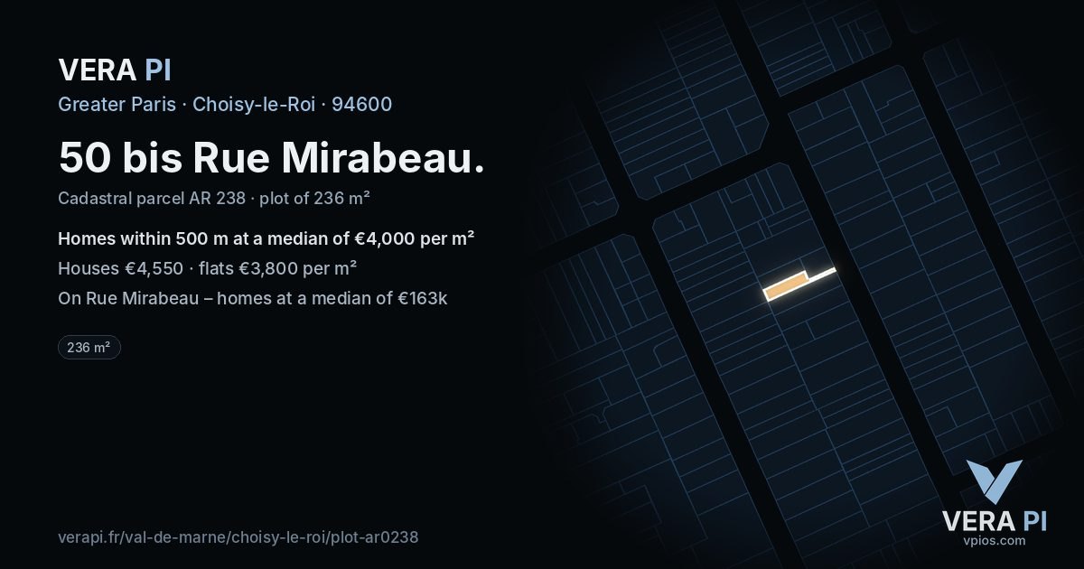 50 bis Rue Mirabeau, Choisy-le-Roi at night – the plot lit, the parcels around coloured by the prices near them