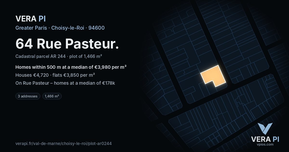 64 Rue Pasteur, Choisy-le-Roi at night – the plot lit, the parcels around coloured by the prices near them